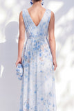 Blue Floral A-Line Chiffon V-Neck Long Mother Of the Bride Dress with Slit
