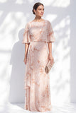 Champagne Floral Sheath Ruffled Long Mother of the Bride Dress with Half Sleeves