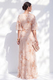 Champagne Floral Sheath Ruffled Long Mother of the Bride Dress with Half Sleeves