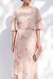 Champagne Floral Sheath Ruffled Long Mother of the Bride Dress with Half Sleeves