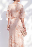 Champagne Floral Sheath Ruffled Long Mother of the Bride Dress with Half Sleeves