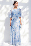 Light Blue Sheath Chiffon Floral Bateau Neck Long Mother of the Bride Dress with Ruffles