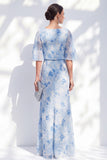 Light Blue Sheath Chiffon Floral Bateau Neck Long Mother of the Bride Dress with Ruffles