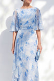 Light Blue Sheath Chiffon Floral Bateau Neck Long Mother of the Bride Dress with Ruffles