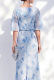 Light Blue Sheath Chiffon Floral Bateau Neck Long Mother of the Bride Dress with Ruffles
