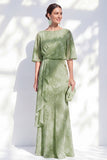 Sage Green Sheath Floral Ruffled Half Sleeves Long Mother Of the Bride Dress