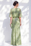 Sage Green Sheath Floral Ruffled Half Sleeves Long Mother Of the Bride Dress