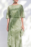Sage Green Sheath Floral Ruffled Half Sleeves Long Mother Of the Bride Dress