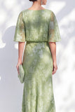 Sage Green Sheath Floral Ruffled Half Sleeves Long Mother Of the Bride Dress