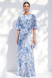 White Blue Flower Chiffon Sheath Long Mother Of the Bride Dress with Half Sleeves