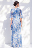 White Blue Flower Chiffon Sheath Long Mother Of the Bride Dress with Half Sleeves