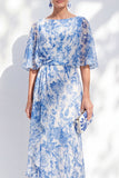 White Blue Flower Chiffon Sheath Long Mother Of the Bride Dress with Half Sleeves