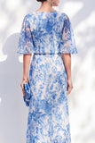 White Blue Flower Chiffon Sheath Long Mother Of the Bride Dress with Half Sleeves