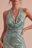 Sparkly Light Green Halter Neck Tight Mini Sequins Cocktail Dress