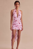 Pink Floral Halter Neck Tight Chiffon Mini Cocktail Dress with Bow