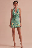 Light Green Halter Neck Floral Bodycon Mini Cocktail Dress