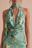 Light Green Halter Neck Floral Bodycon Mini Cocktail Dress