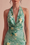 Light Green Halter Neck Floral Bodycon Mini Cocktail Dress