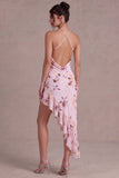 Pink Halter Neck Floral Asymmetrical Cocktail Dress with Ruffles