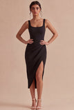 Black Bodycon Midi Ruched Wide Straps Cocktail Dress with Slit