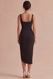 Black Bodycon Midi Ruched Wide Straps Cocktail Dress with Slit
