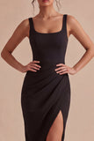 Black Bodycon Midi Ruched Wide Straps Cocktail Dress with Slit