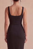 Black Bodycon Midi Ruched Wide Straps Cocktail Dress with Slit