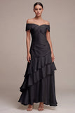 A Line Off the Shoulder Long Black Tie Dress with Ruffles