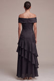 A Line Off the Shoulder Long Black Tie Dress with Ruffles