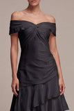 A Line Off the Shoulder Long Black Tie Dress with Ruffles