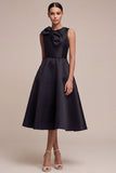Black A Line Round Neck Midi Semi Formal Dress with Bow
