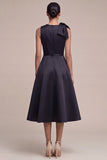 Black A Line Round Neck Midi Semi Formal Dress with Bow