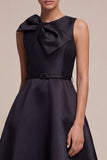 Black A Line Round Neck Midi Semi Formal Dress with Bow