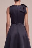 Black A Line Round Neck Midi Semi Formal Dress with Bow