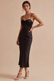 Black Sheath Spaghetti Straps Midi Cocktail Dress