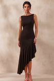 Black Bodycon Boat Neck Asymmetrical Cocktail Dress with Ruffles
