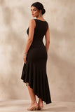 Black Bodycon Boat Neck Asymmetrical Cocktail Dress with Ruffles