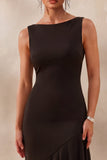 Black Bodycon Boat Neck Asymmetrical Cocktail Dress with Ruffles
