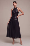Sparkly Halter A Line Long Black Tie Dress with Sequins