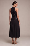 Sparkly Halter A Line Long Black Tie Dress with Sequins