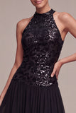 Sparkly Halter A Line Long Black Tie Dress with Sequins