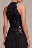 Sparkly Halter A Line Long Black Tie Dress with Sequins