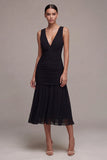 A Line V-Neck Ruched Midi Cocktail Dress