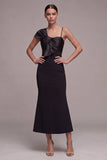 Mermaid Asymmetrical Neck Midi Black Tie Dress