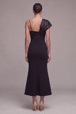 Mermaid Asymmetrical Neck Midi Black Tie Dress