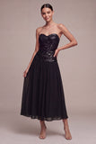 Sparkly Black Strapless A Line Midi Cocktail Dress with Sequins