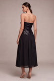 Sparkly Black Strapless A Line Midi Cocktail Dress with Sequins
