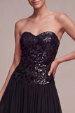 Sparkly Black Strapless A Line Midi Cocktail Dress with Sequins