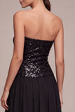 Sparkly Black Strapless A Line Midi Cocktail Dress with Sequins