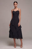 Black A Line Spaghetti Straps Midi Cocktail Dress with Ruffles